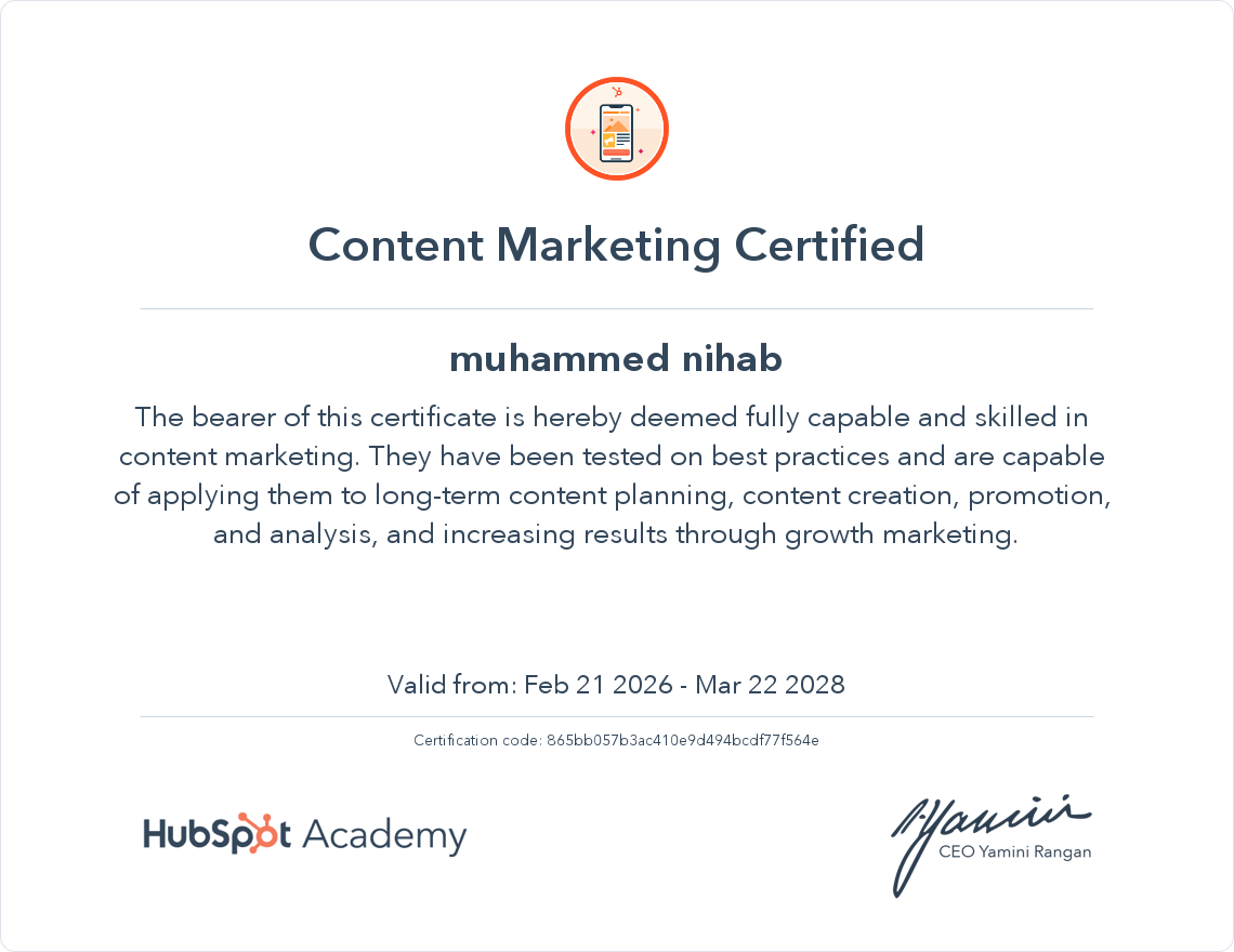 HubSpot Content Marketing Certification awarded to Muhammed Nihab, AI digital marketer in Qatar, validating expertise in content strategy, SEO content creation, and growth marketing