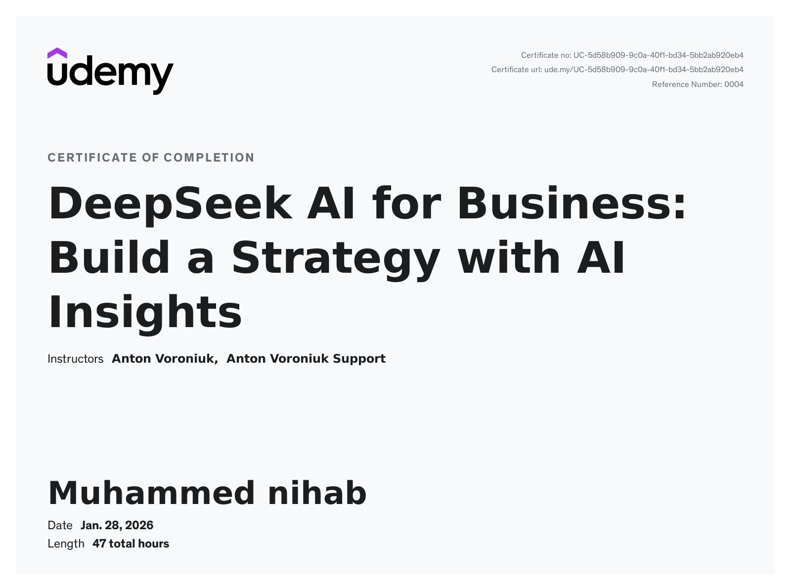 Udemy certificate of completion for “DeepSeek AI for Business: Build a Strategy with AI Insights” awarded to Muhammed Nihab, AI digital marketer in Qatar, demonstrating expertise in AI-driven business strategy and insights